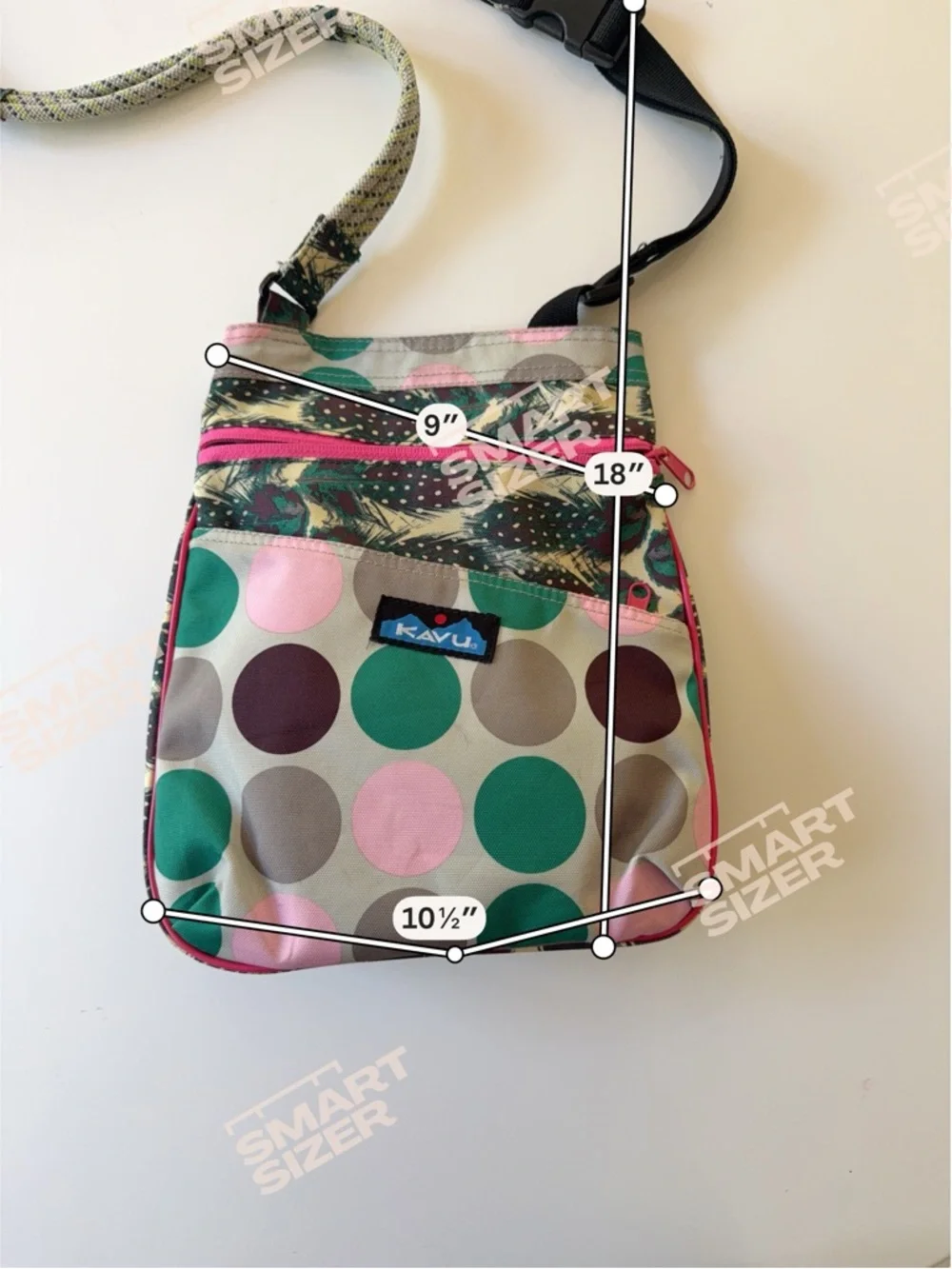 Kavu Polka Dot Crossbody Bag in Pink, Teal, Brown and Gray